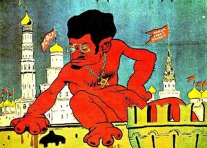Leon Trotskya esittävä hahmo bolshevismin vastaisessa propagandakuvassa.