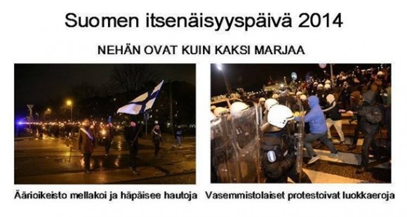 Suomen valtamedia jatkaa tutulla linjallaan. Kuvassa kansallismielisten ja vasemmiston itsenäisyyspäivätapahtumat 2014.