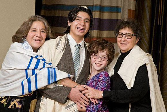 Hormoneja syövä Thomas (toinen oikealta) sekä hänen juutalainen "perheensä".