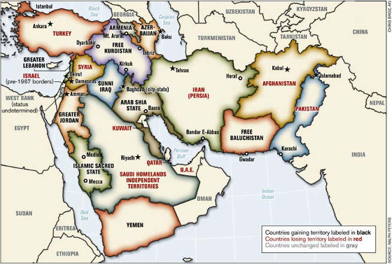 Lähi-idän projektin uusi kartta: Naton ja Yhdysvaltain sotilasakatemian epävirallinen kartta. Kartan valmisteli everstiluutnantti Ralph Peters. Se julkaistiin Armed Forces Journal –lehdessä kesäkuussa 2006. Peters on Yhdysvaltain kansallisen sotilasakatemian eläköitynyt eversti.