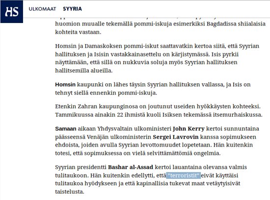 Helsingin Sanomien mukaan ISIS:n jäsenet ovat "terroristeja" vain lainausmerkeissä.