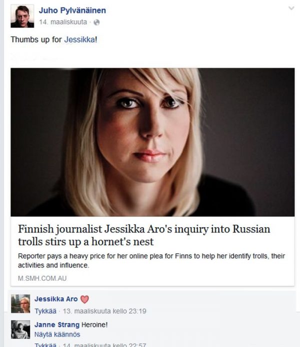Kuvakaappaus Juho Pylvänäisen Facebook-sivulta. Vain yksi esimerkki läheisestä vuorovaikutuksesta Jessikka Aron kanssa.