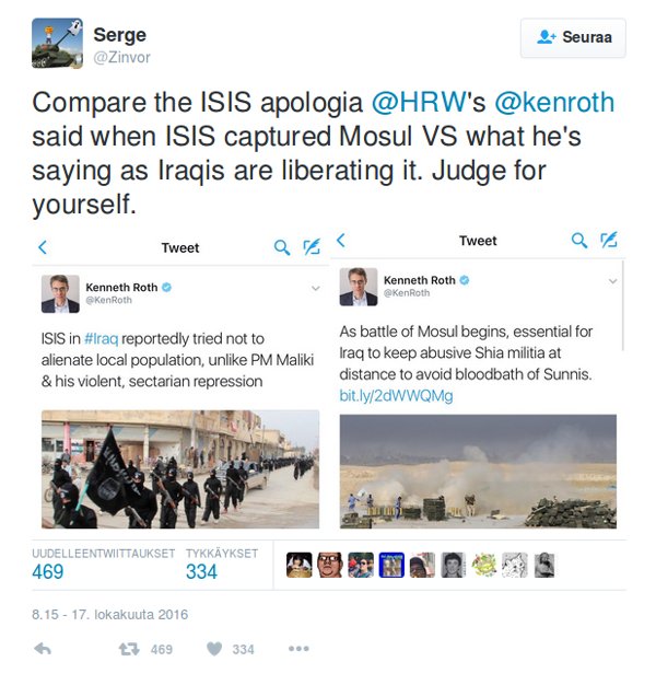 Human Rights Watchin juutalaisen Kenneth Rothin Isis-propagandaa.