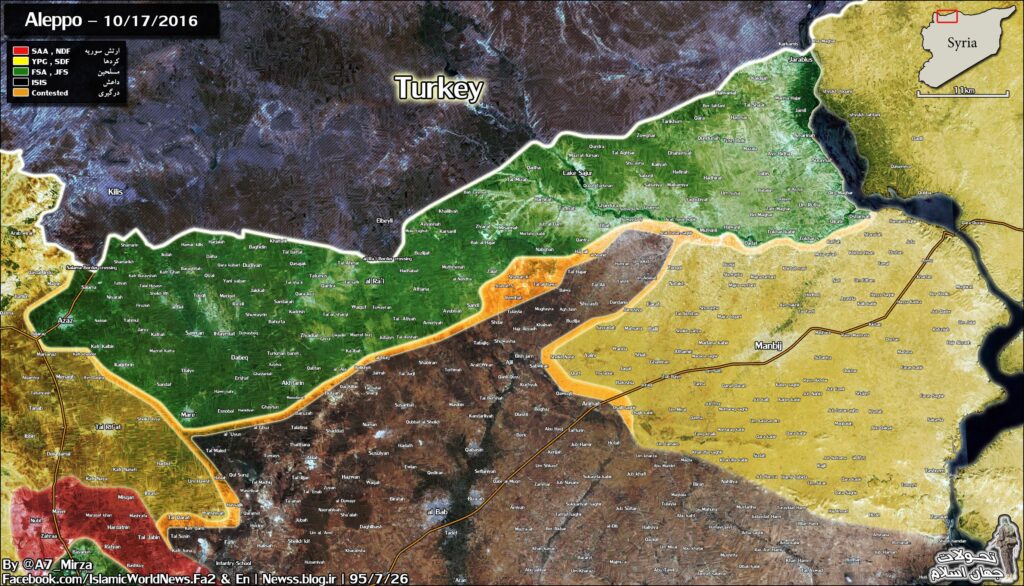 Kartta Turkin ja Syyrian välisestä raja-alueesta. Saat kuvan suuremmaksi klikkaamalla karttaa.
