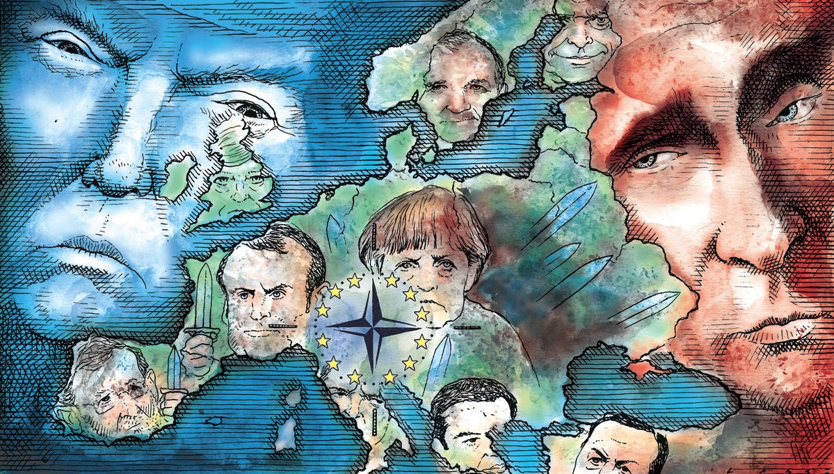 Ylen propagandakuvitusta; Trumpin ja Putinin motti. Tarvitaanko Eurooppaan sotilaallinen suurvalta?