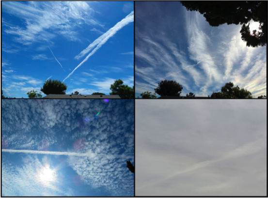 Kuva 1. Neljä kuvaa San Diegon sinisestä taivaasta, pilvettömänä päivänä. Kuvissa tankkerikone sumuttaa hiukkasia troposfääriin. Ylhäällä vasemmalla: sumutus on juuri alkanut. Huomaa että sumutus keskeytettiin lennon puolivälissä. 