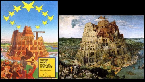 EU:n virallinen juliste, jossa Baabelin eli Babylonian keskeneräinen torni, taivaalla EU-tähdet ovat kabbalistisessa viisisakara-asennossa.
