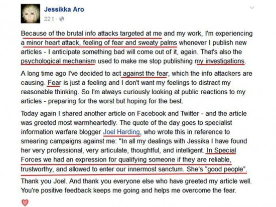 Jessikka Aro poisti tämän postauksen sen jälkeen, kun MV-lehti kiinnitti huomiota siihen myös kriittisesti.