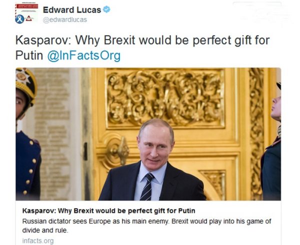 Edward Lucasin mukaan myös Brexit on putinistista politiikkaa. Brexit-äänestystä ei CEPA:n raportti kuitenkaan käsittele.