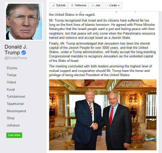 Kuvakaappaus Donald Trumpin viralliselta Facebook-sivulta