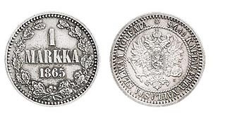 Autonomian ajan kolikkosarjan hopearaha. Suomen markka vuonna 1865.